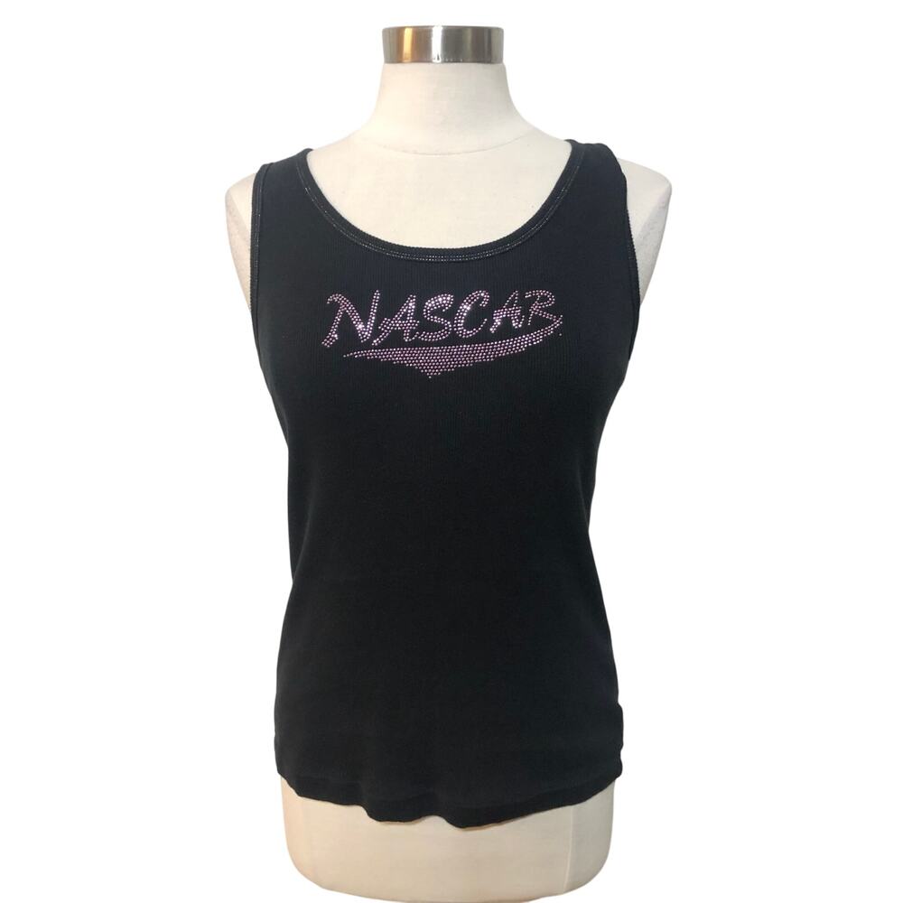 NASCAR Ladies Large L Black Ribbed Pink Rhinestone Tank Top Shirt Car Racing Fan - Picture 1 of 5